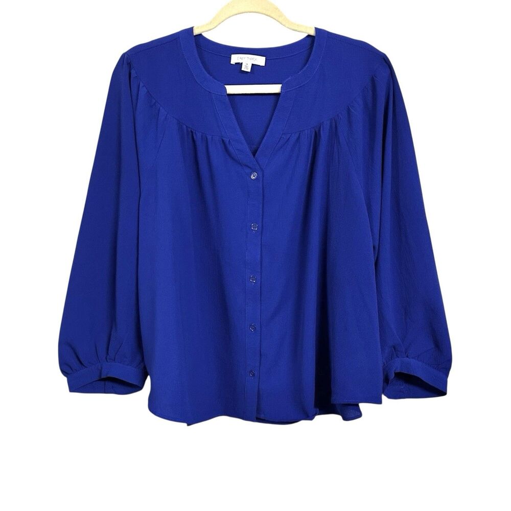 Daily Thread Womens Plus 2X Blue V-neck 3/4 Balloon Sleeves Top Shirt Blouse